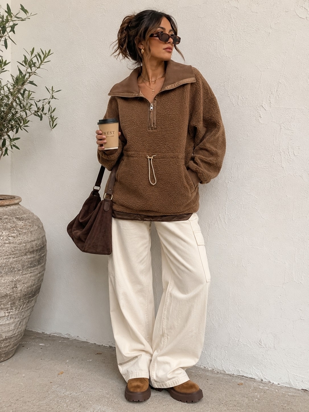 Varley Tan Teddy Fleece Pullover Jacket